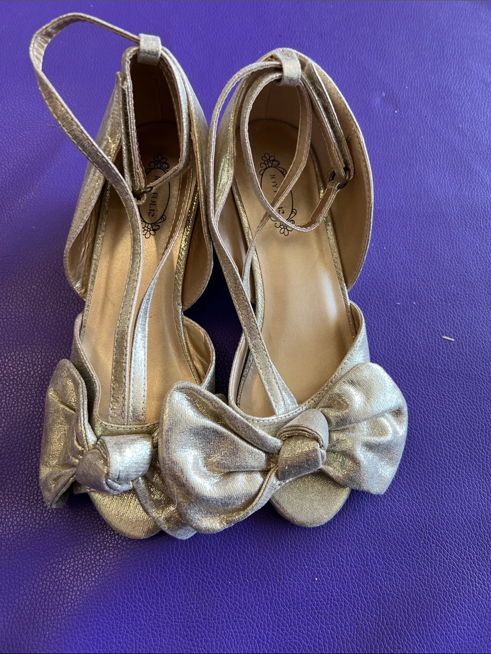 Joyfolie Metallic Gold Bow Ankle-Strap Kids Dress Shoes